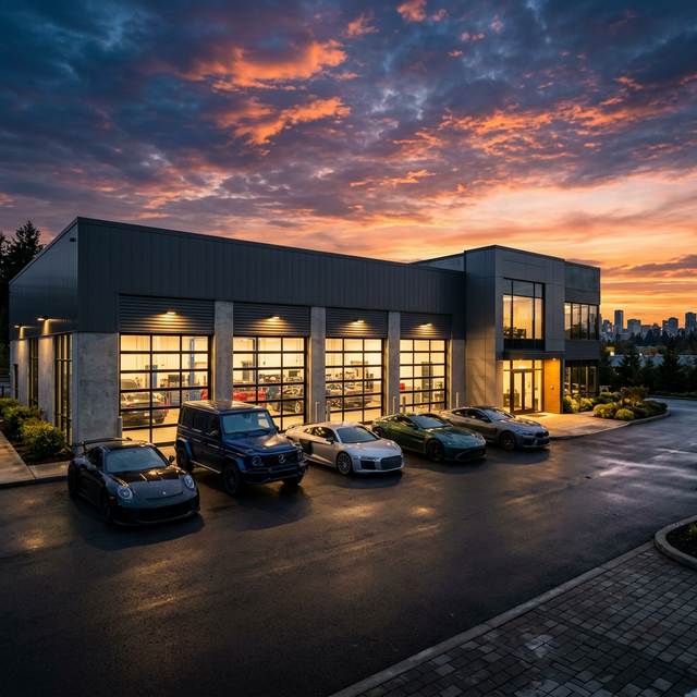 KFZ Rollmann Werkstatt bei Abenddämmerung